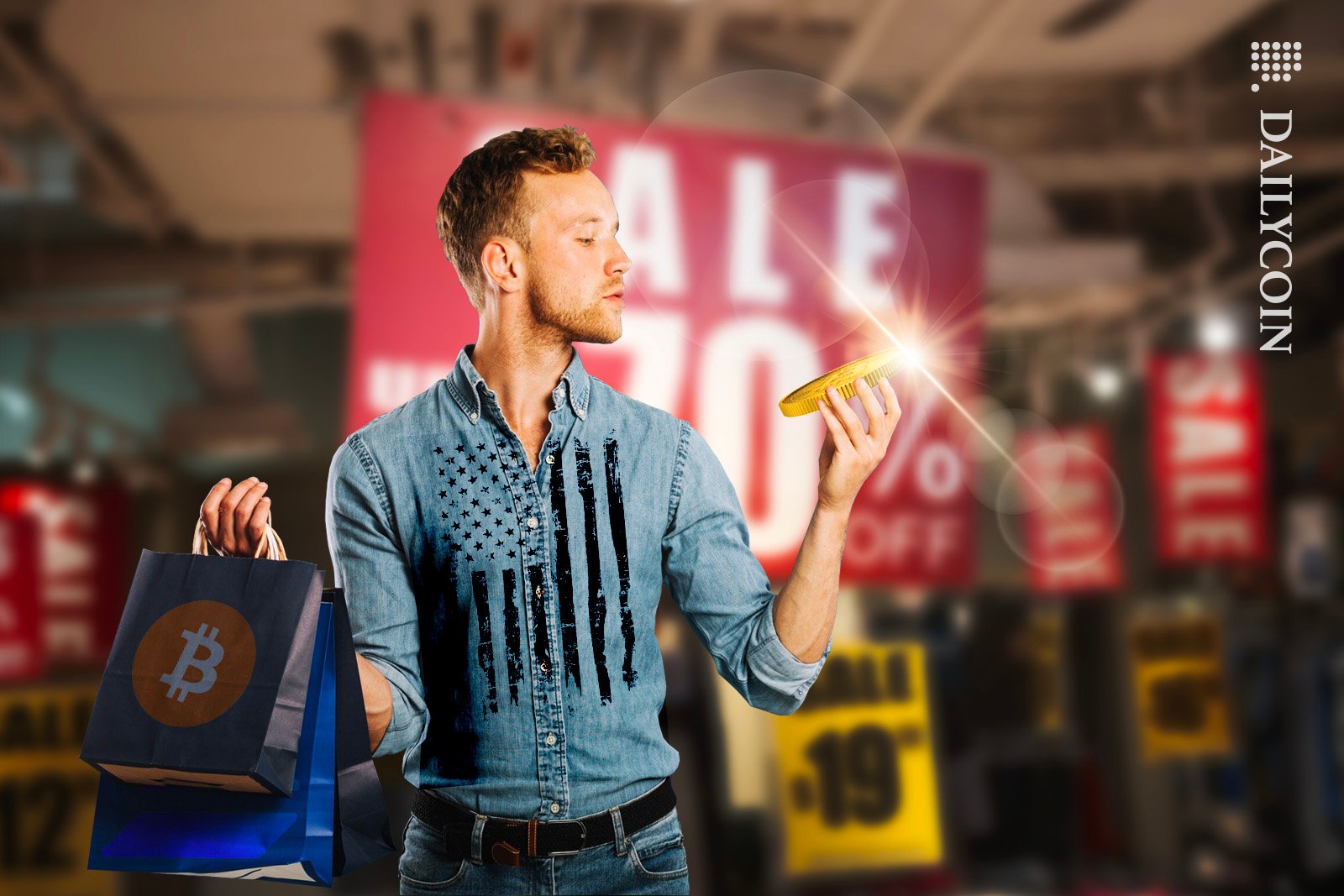 Young man admiring his newly purchased Bitcoin as he leaving the shop.