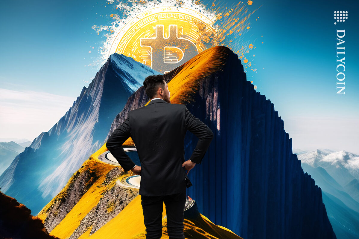 Man preparing for a long complicated journey through mountains to Bitcoin.