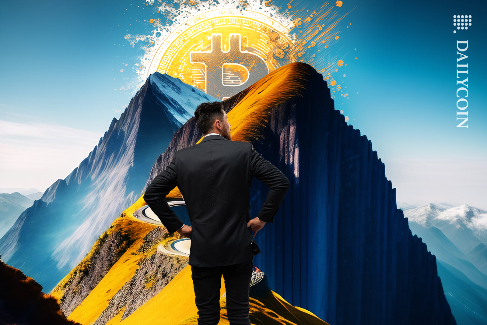 Man preparing for a long complicated journey through mountains to Bitcoin.