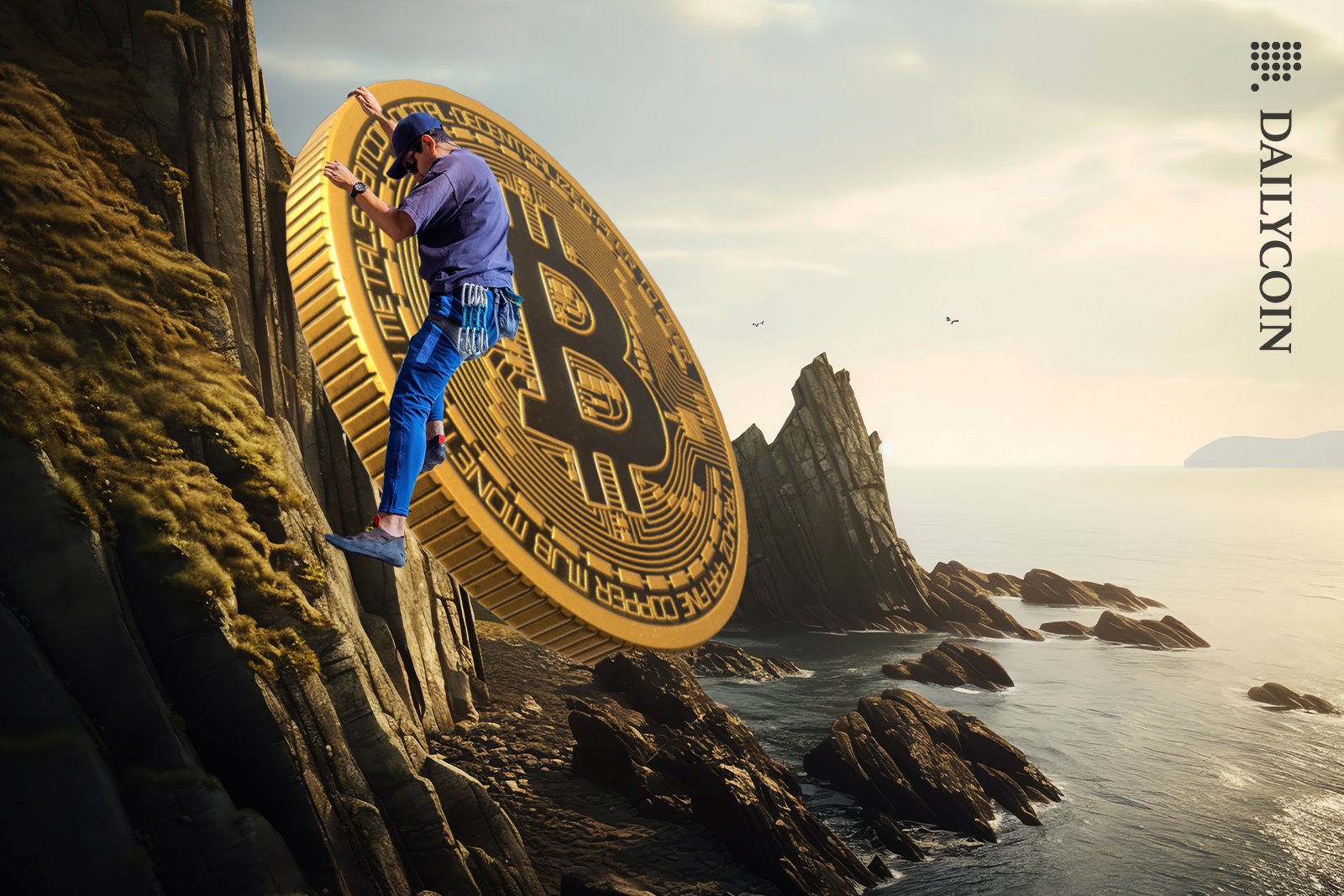 Man climbing Bitcoin on a tricky cliff.