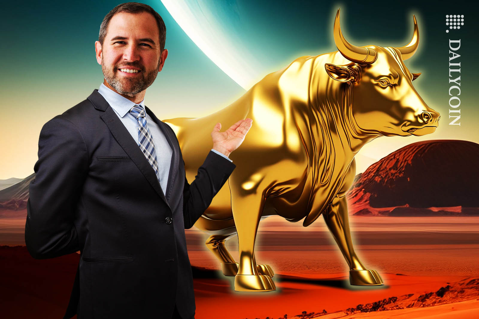 Bred Garlinghouse proudly presenting a giant of a golden bull statue in a red desert.