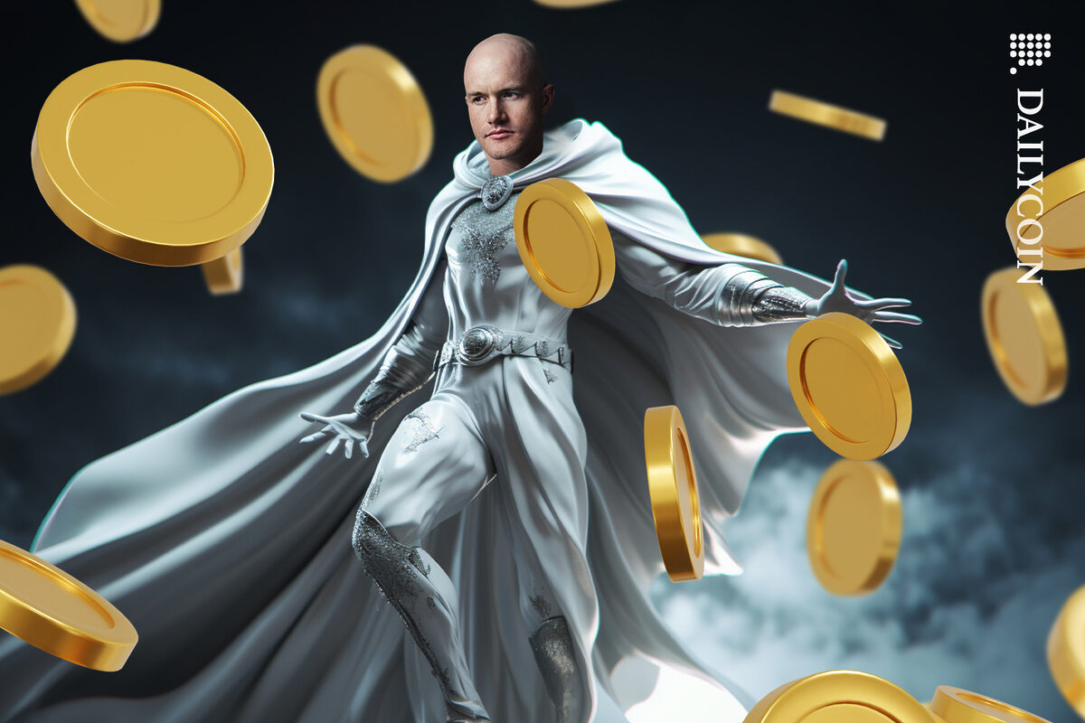 Brian Armstrong being a superhero of Crypto coins.