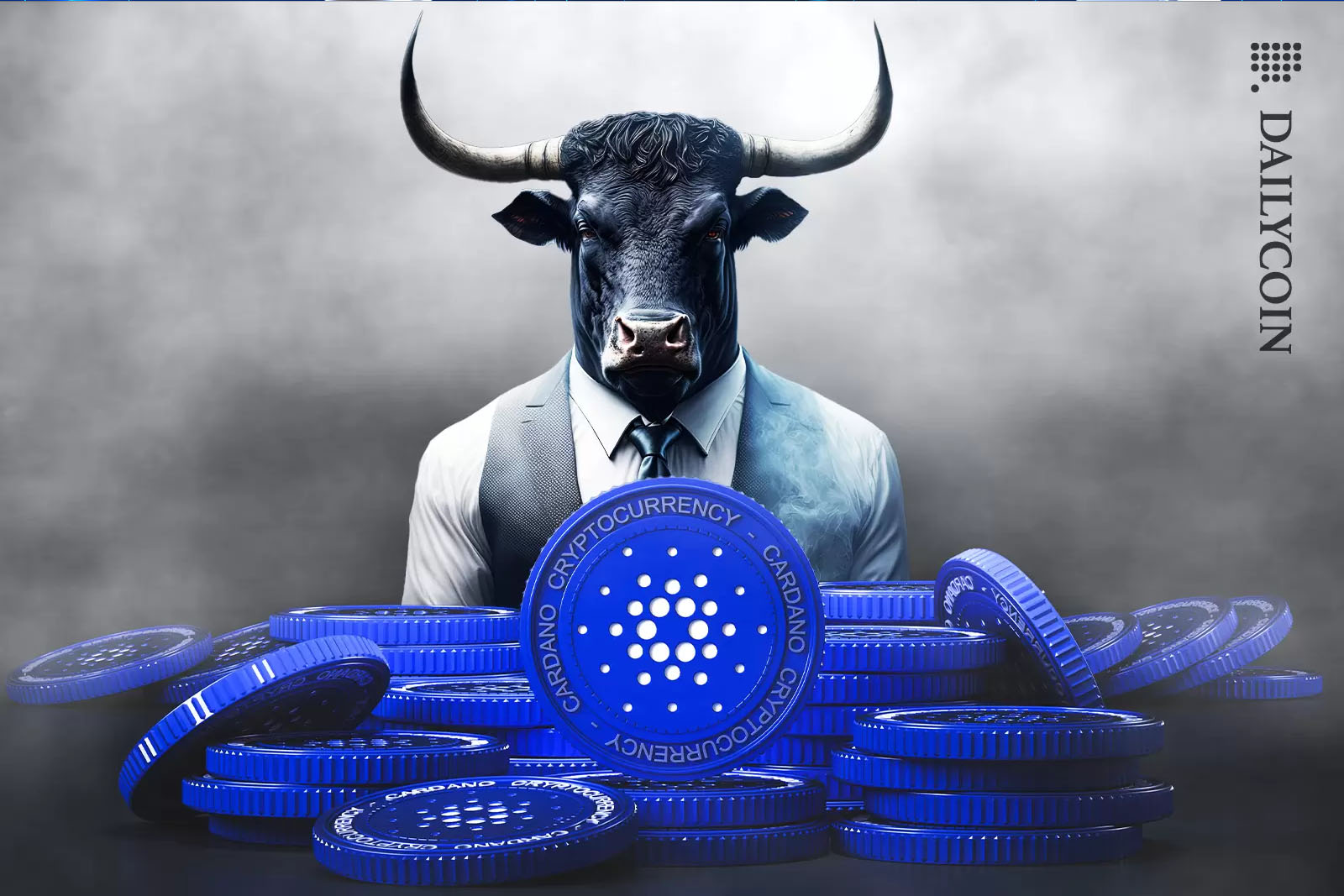 A well dressed bull standing behing a pile of Cardano coins.