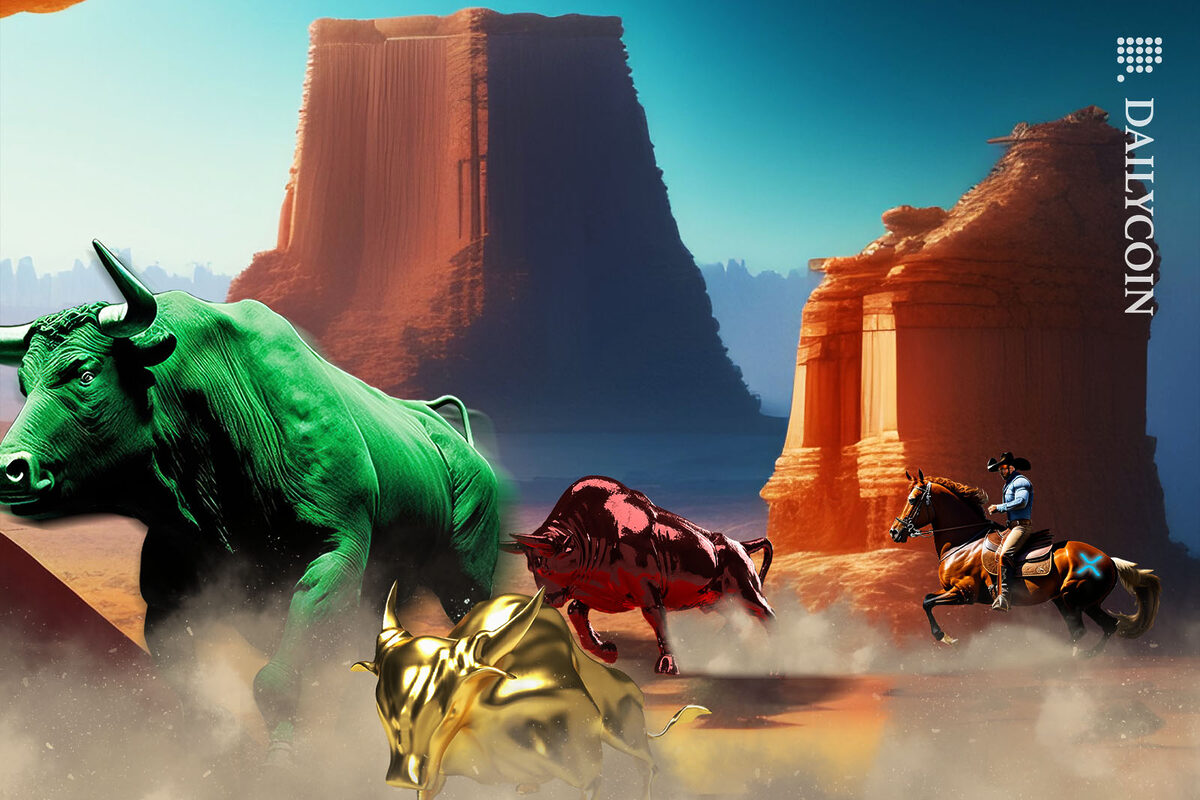 XRP cowboy chasing a herd of bulls through a desert.