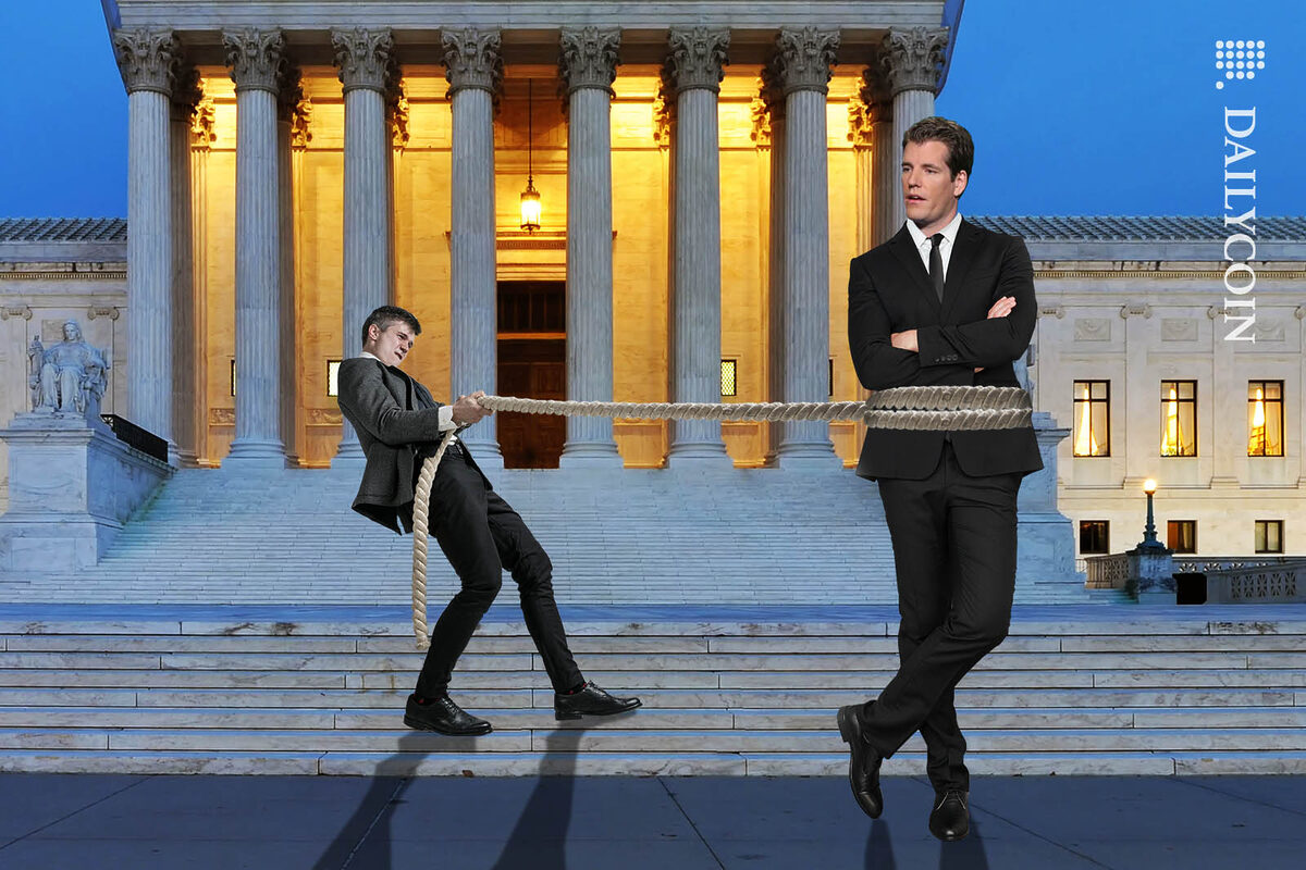 Cameron Winklevoss is being dragged by a lawyer with a rope to court.
