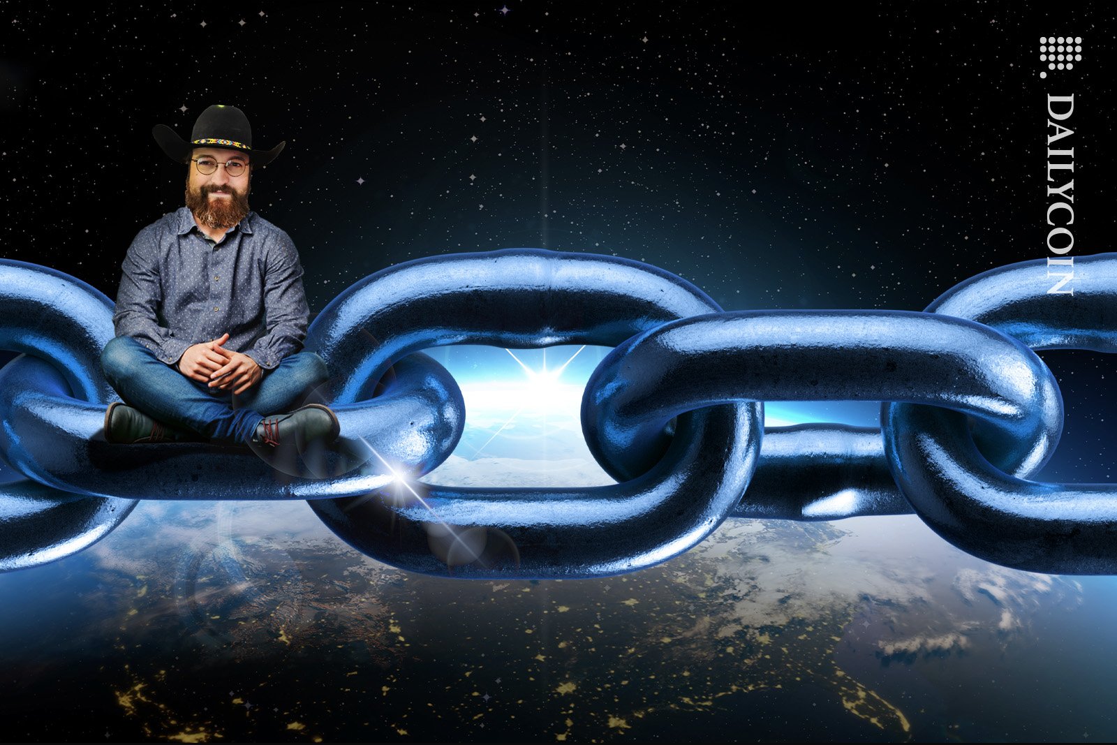Cardano's Charles Hoskinson sitting on a very thick chain in space.
