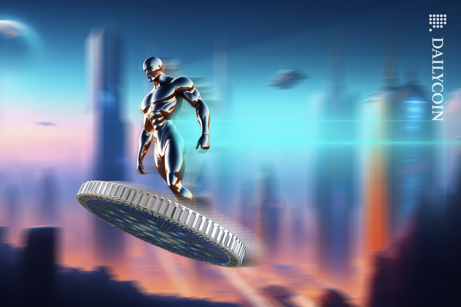 Superhero type figure surfing on a Cardano coin over a futuristic city with high speed.