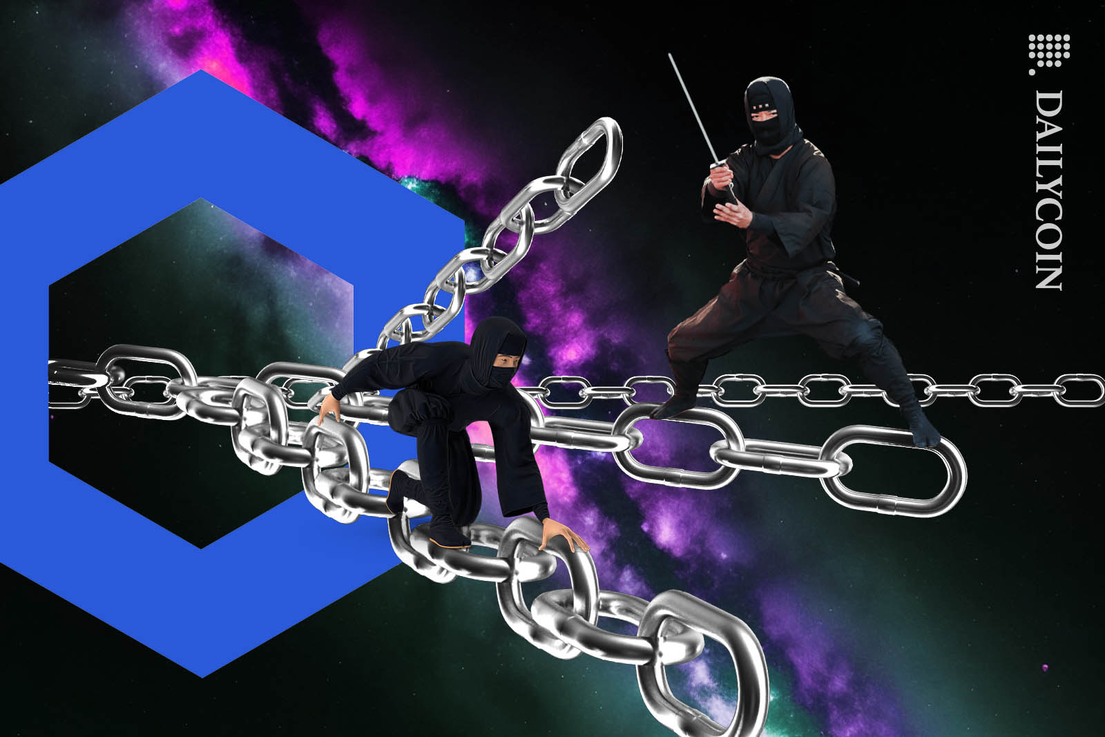Two ninjas preparing for battle on giant chains stretched accross space.