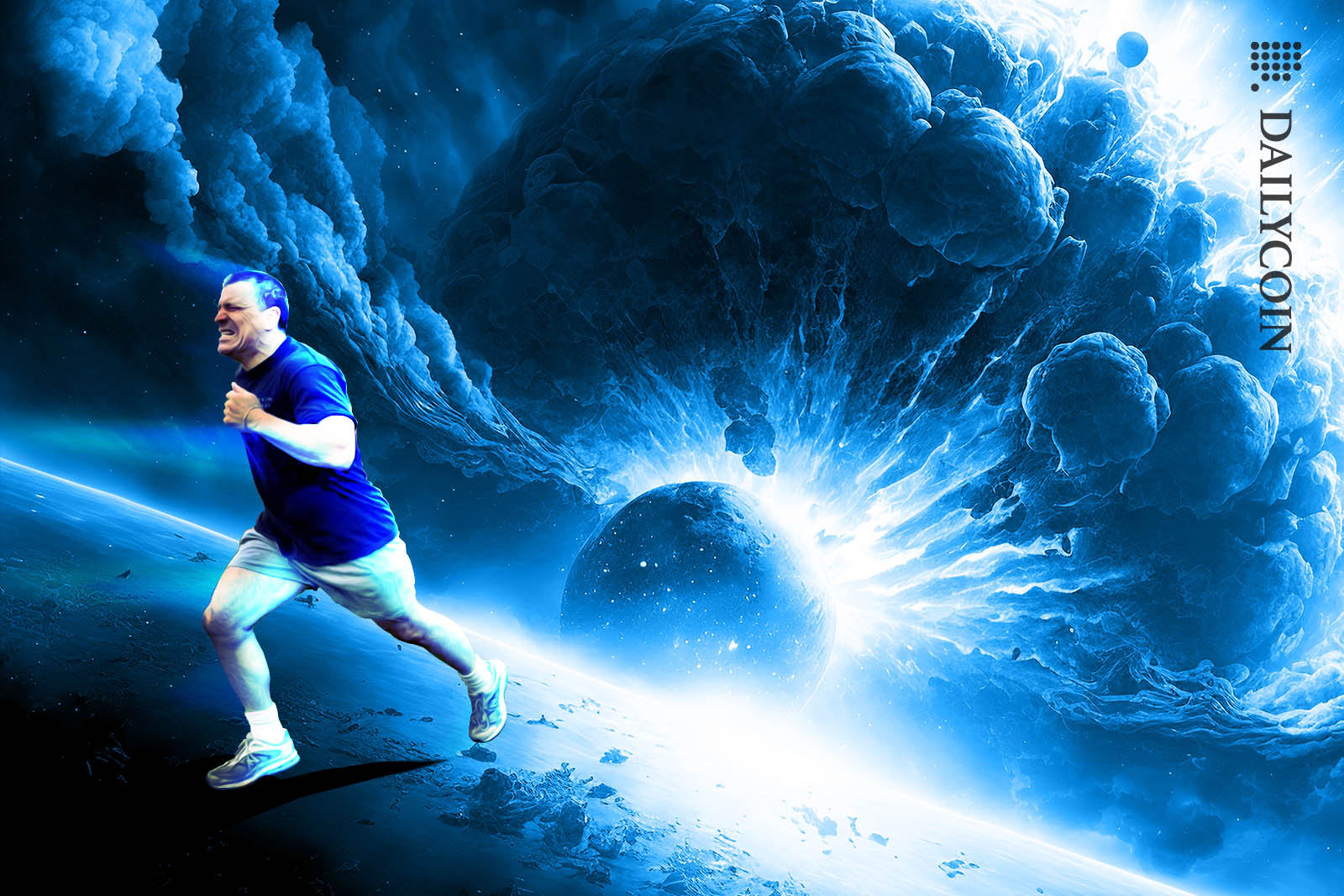 Charles Gasparino running away from a massive blue explosion.