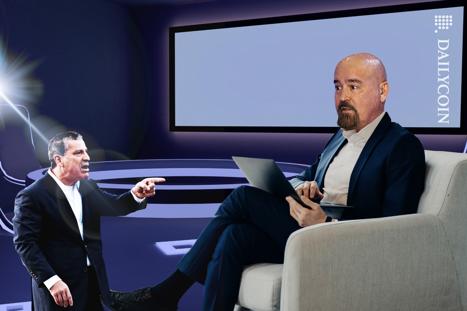 John Deaton is being shouted at by a small Charlie Gasparino in a futuristic room.