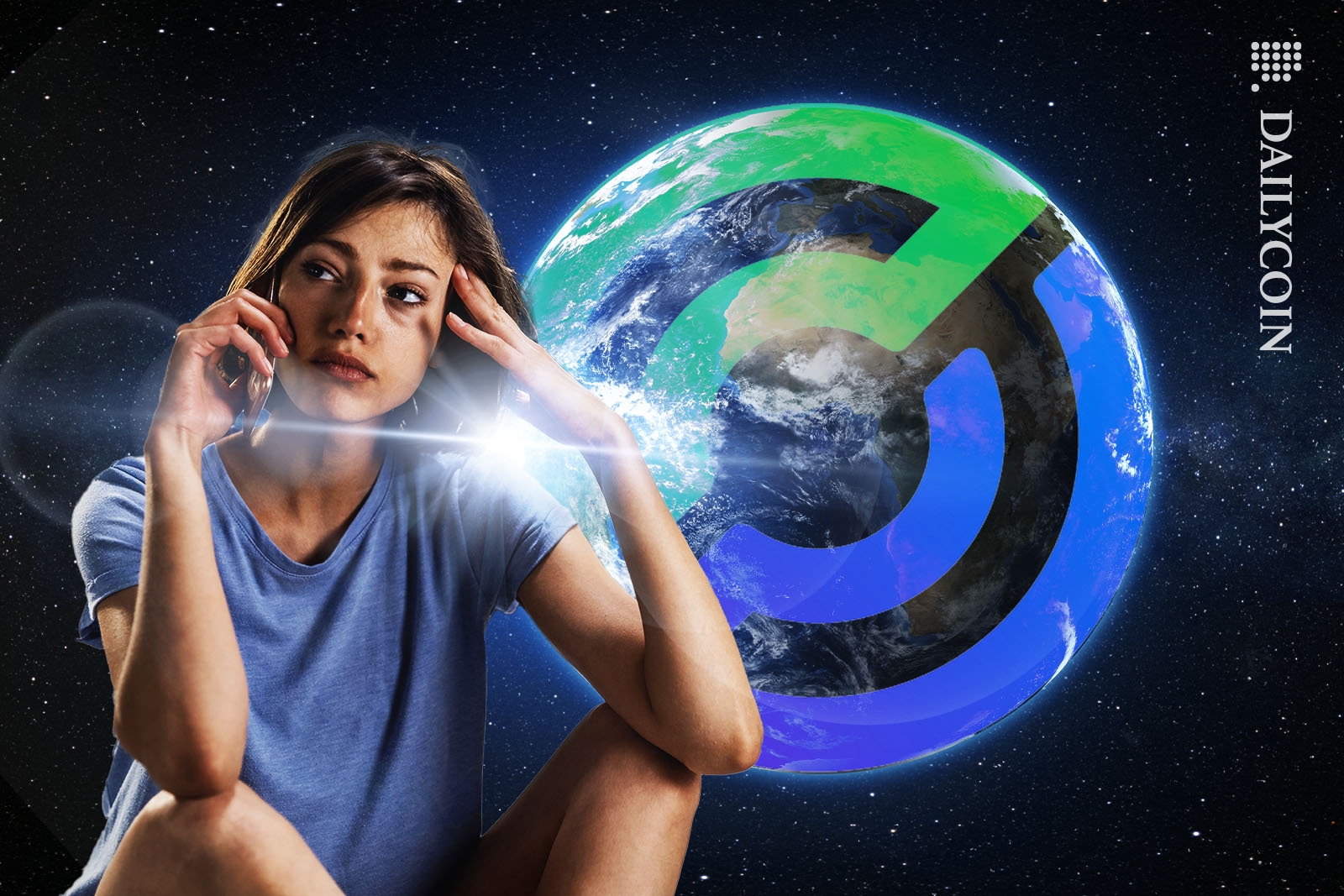 Woman about to cry whilst on the phone receiving bad news, in front of planet earth disguised as a circle logo.