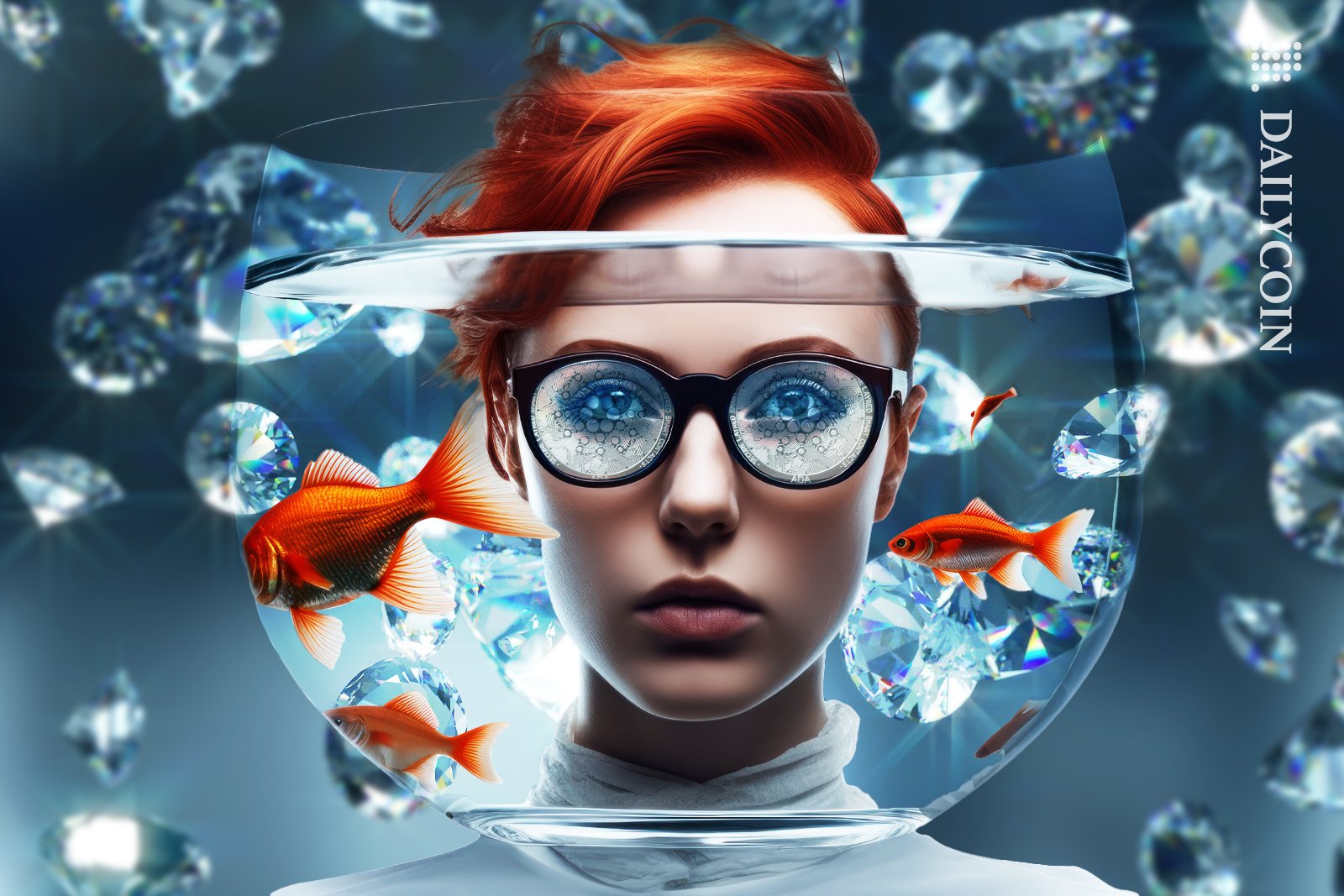 Woman in a Fish bowl with Cardano glasses, surrounded by clear diamonds.