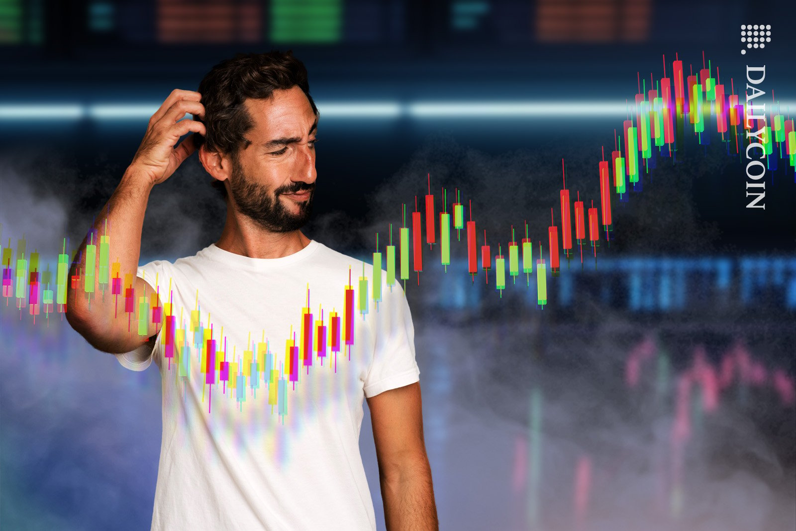 Man looking at a crypto candlestick chart all confused.