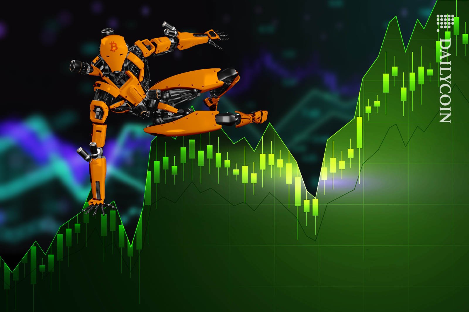 Orange Bitcoin robot jumping over an all green crypto chart.
