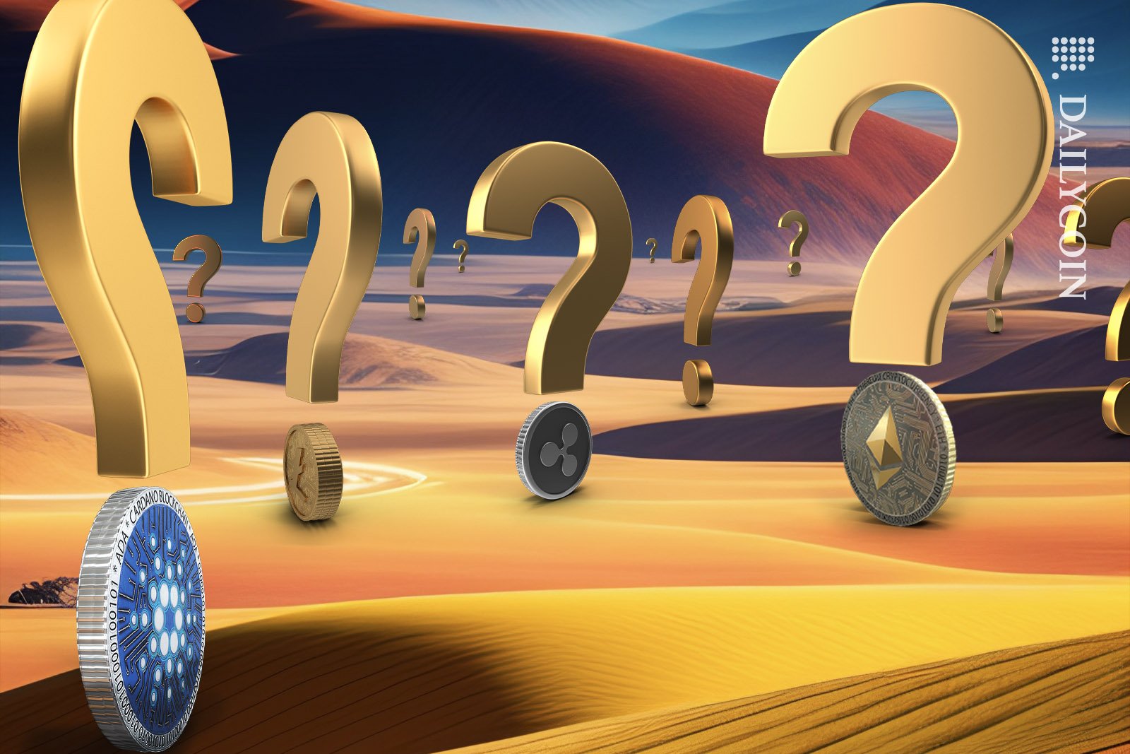 Lots of question marks and crypto coins standing in a desert.