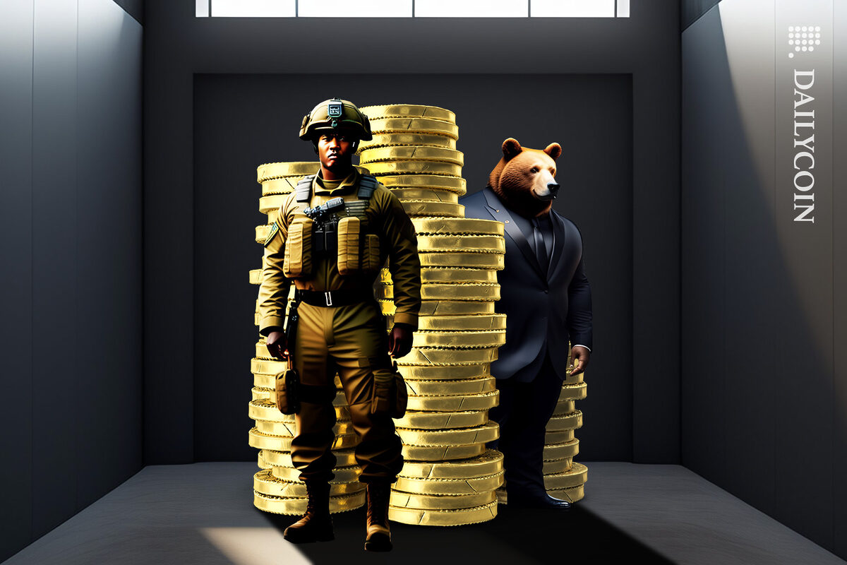 A soldier and a big security bear guarding a huge pile of crypto coins.