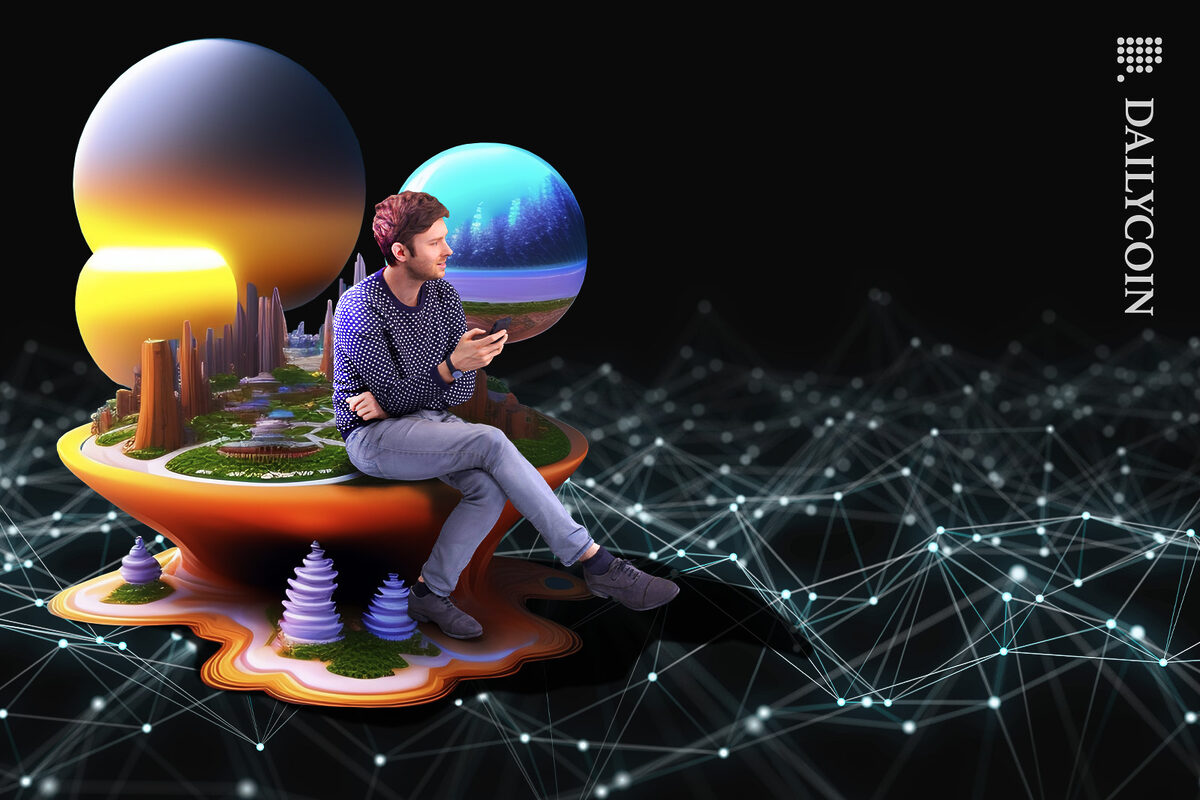 Man with his phone sitting on a futuristic city floating on a wireframed network.