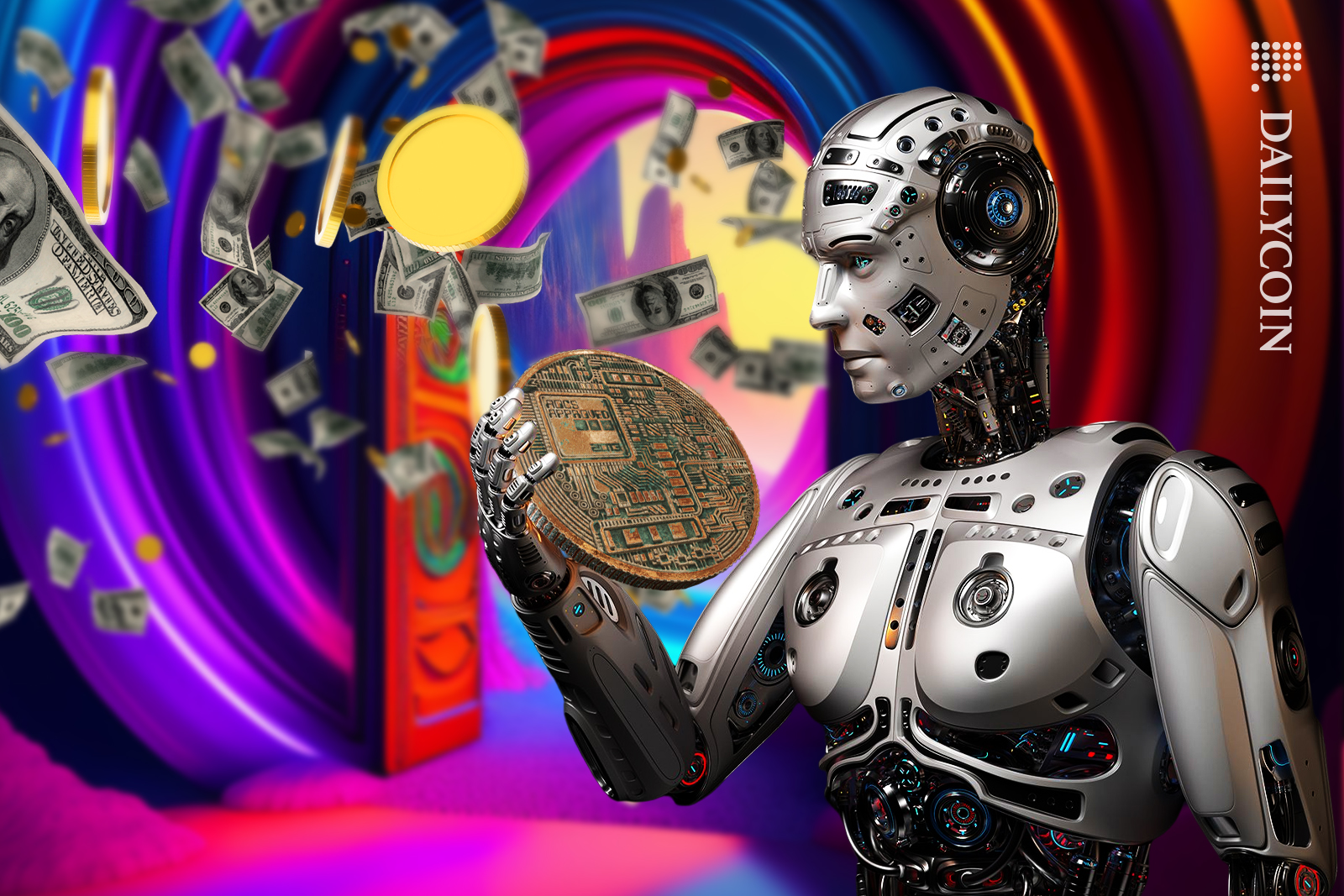 Robot finding an old crypto coin, behind him crypto coins and cash are flying from open doors.