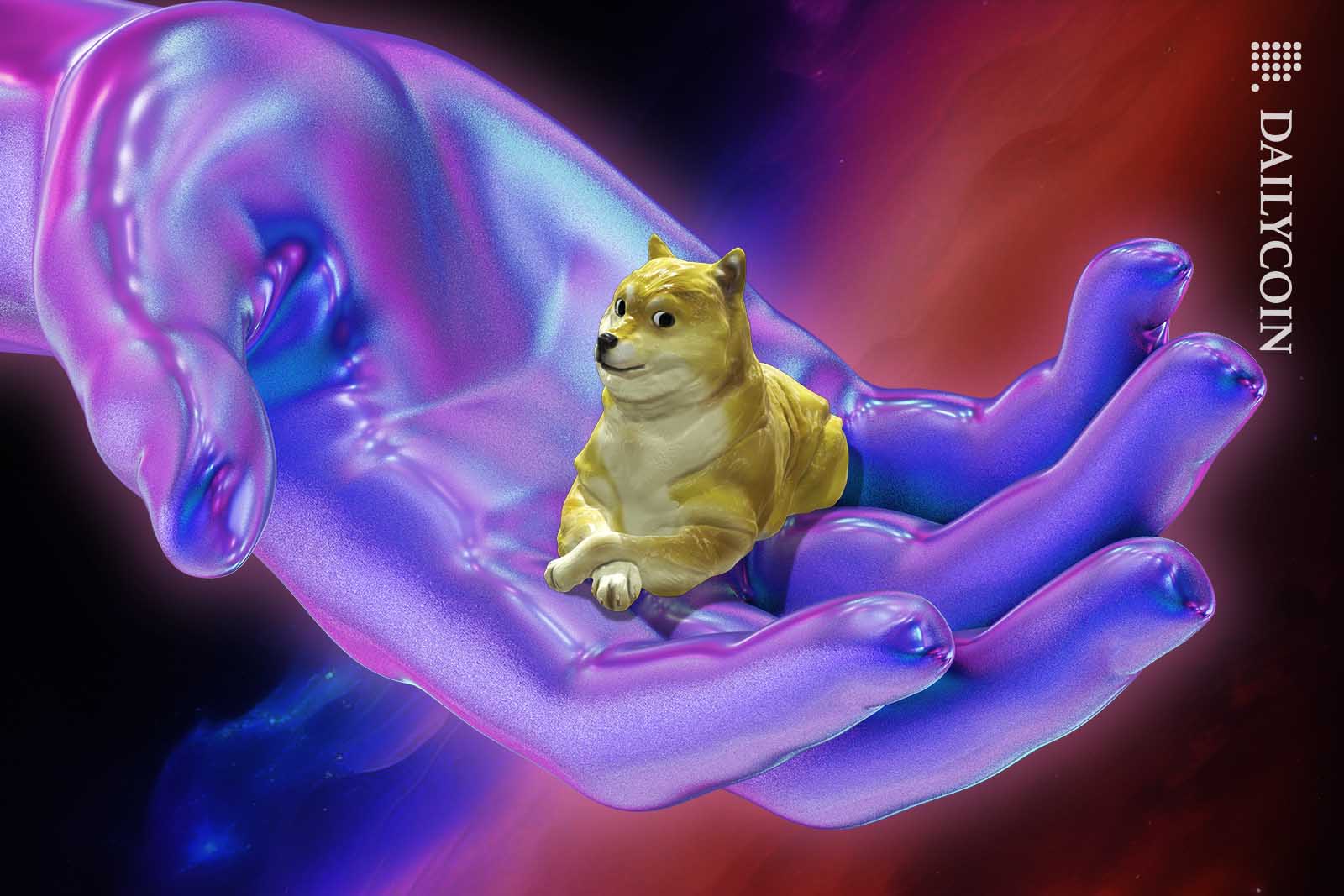 Dogecoin dog being picked up by a giant pink and purple gradient AI hand.