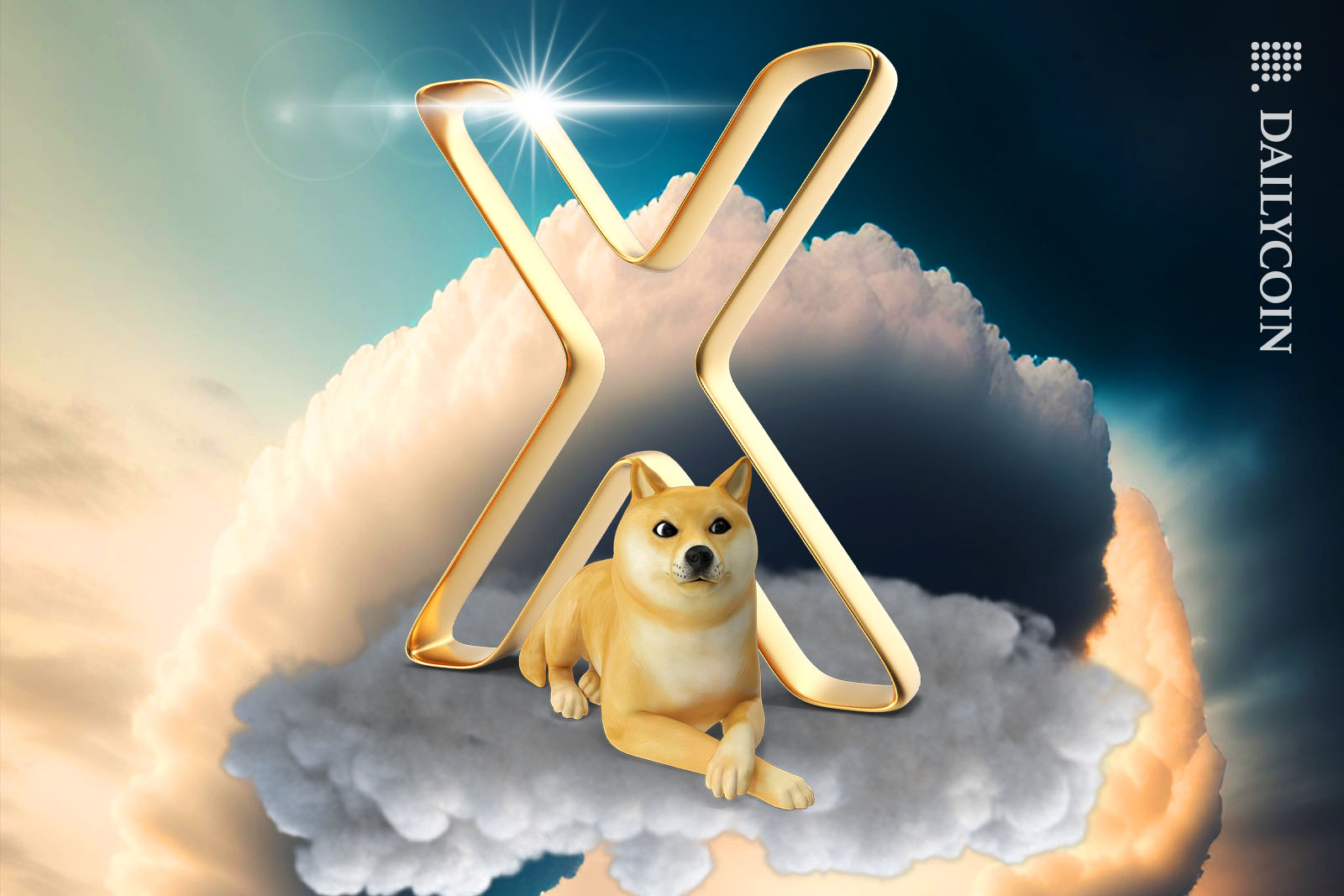 Dogecoin dog sitting on a cloud accompnied by a huge golden X.