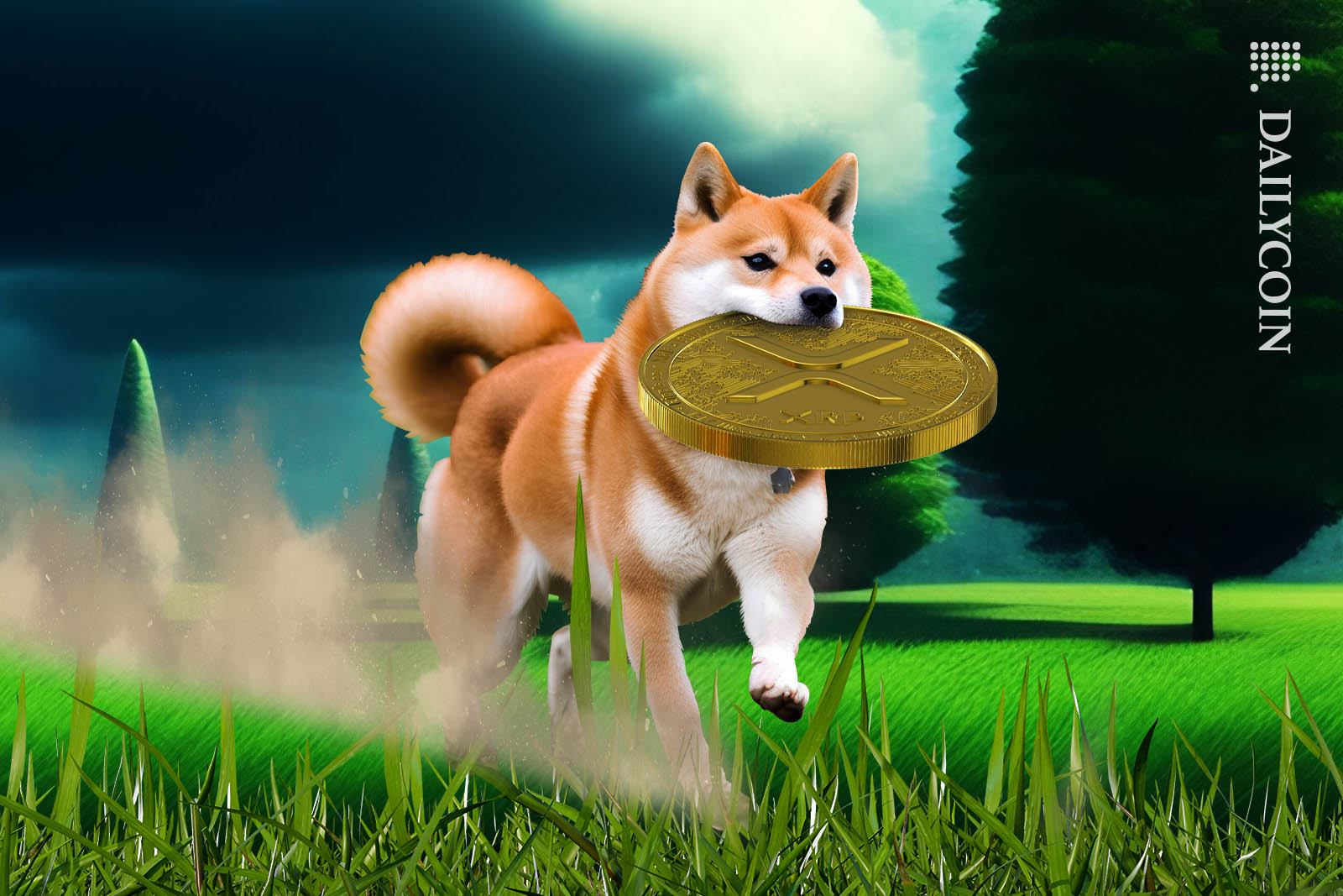 Doge dog running in a dreamy green field with an XRP coin in its mouth.