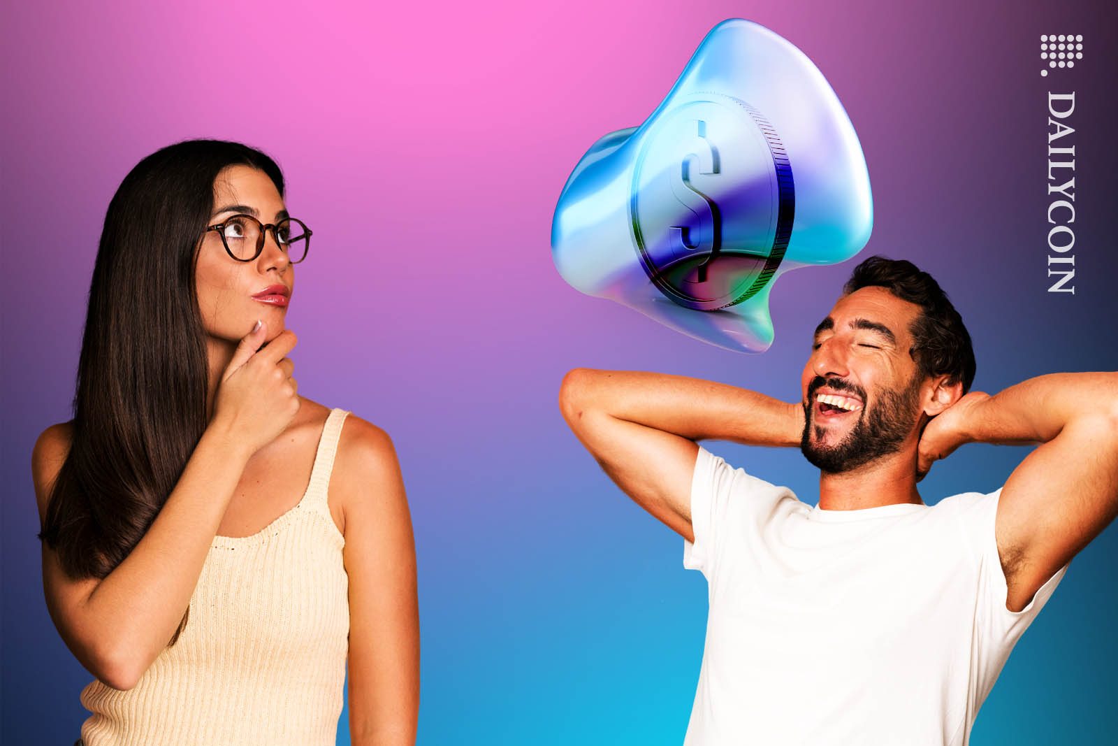 Man dreaming about a dollar and laughing, whilst a woman looks intrigued about it.