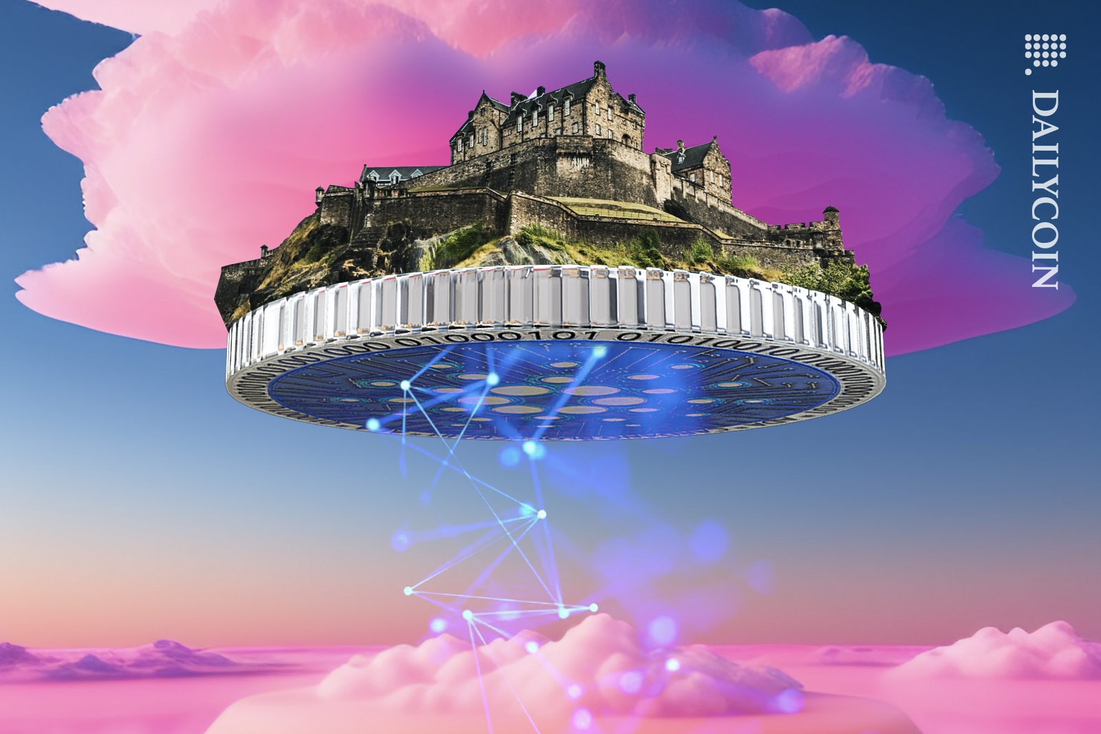 The Edinburgh castle floating on a Cardano coin in between pink clouds.