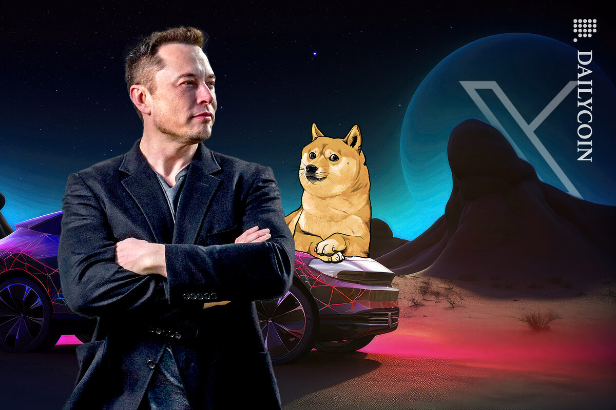 Elon Musk in Space, filled with of new Twitter moon phase, Tesla and Doge.