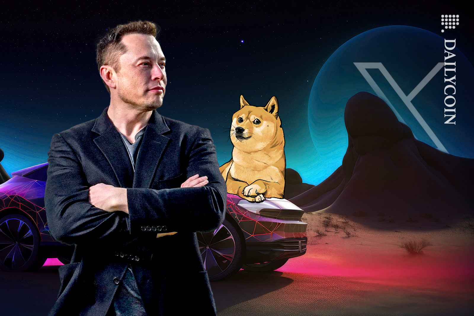Elon Musk in Space, filled with of new Twitter moon phase, Tesla and Doge.