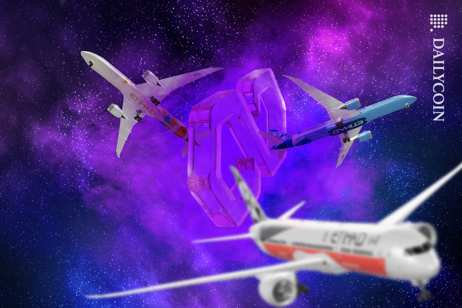 Three Etihad planes flying around a Polygon logo in outer space.