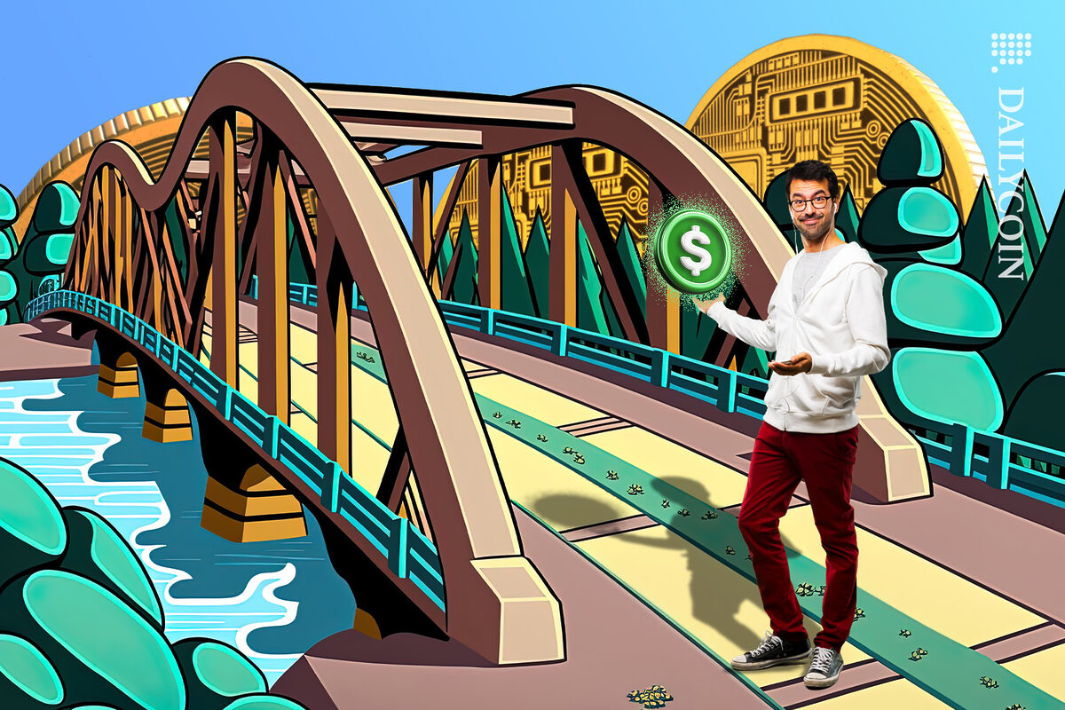 Man about to cross the bridge holding a fiat coin.
