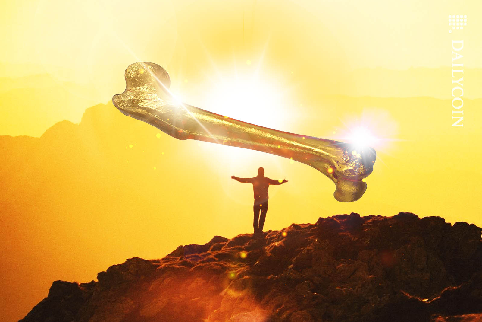 man standing on the edge admiring a giant golden bone levitating above a cliff.