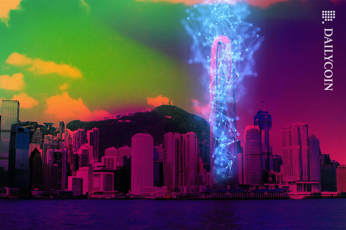 Hong Kong in a colourful gradient, the international finance centre emitting colourfull blockchain graphics.