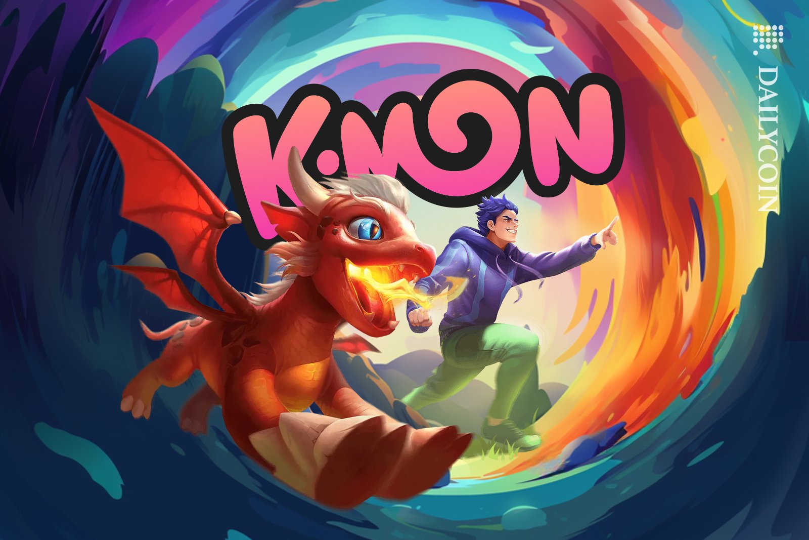 A web3 game characters, a dragon and a man, running in front of a KMON sign.