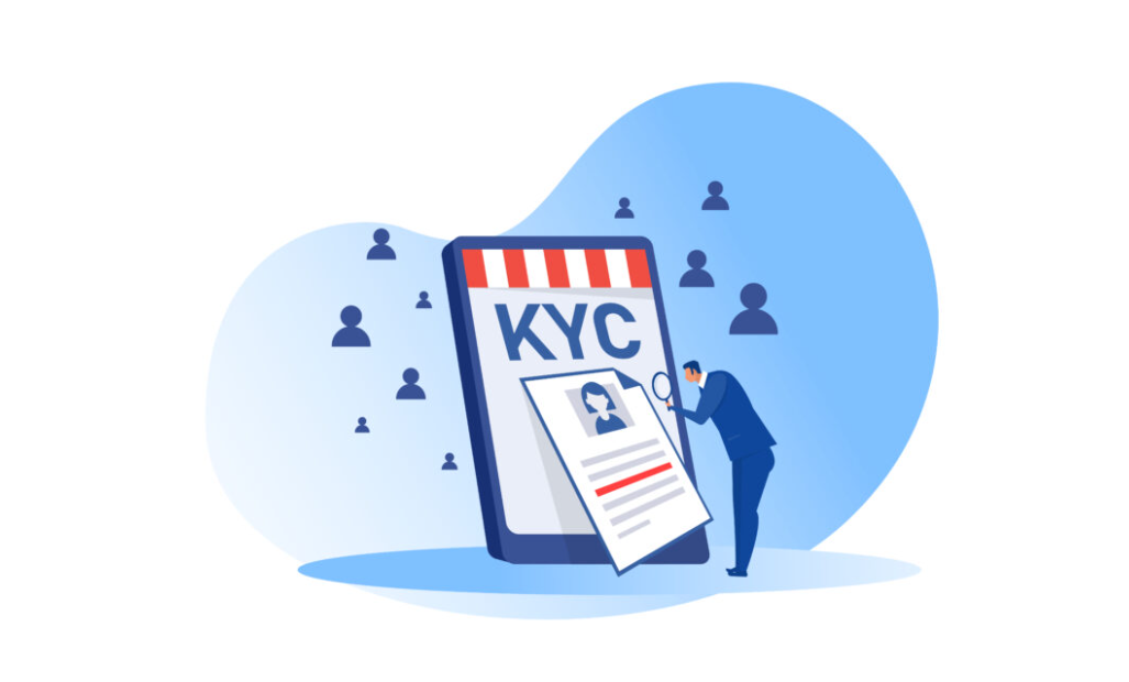 Cartoon man inspect KYC documents.