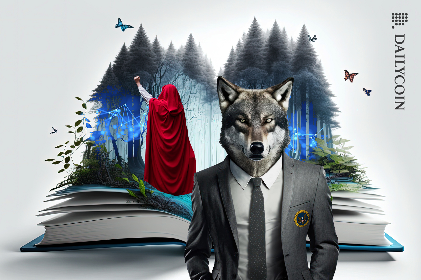 An open book with red riding hood playing with the butterflies, and big bad SEC wolf is outside of the book.
