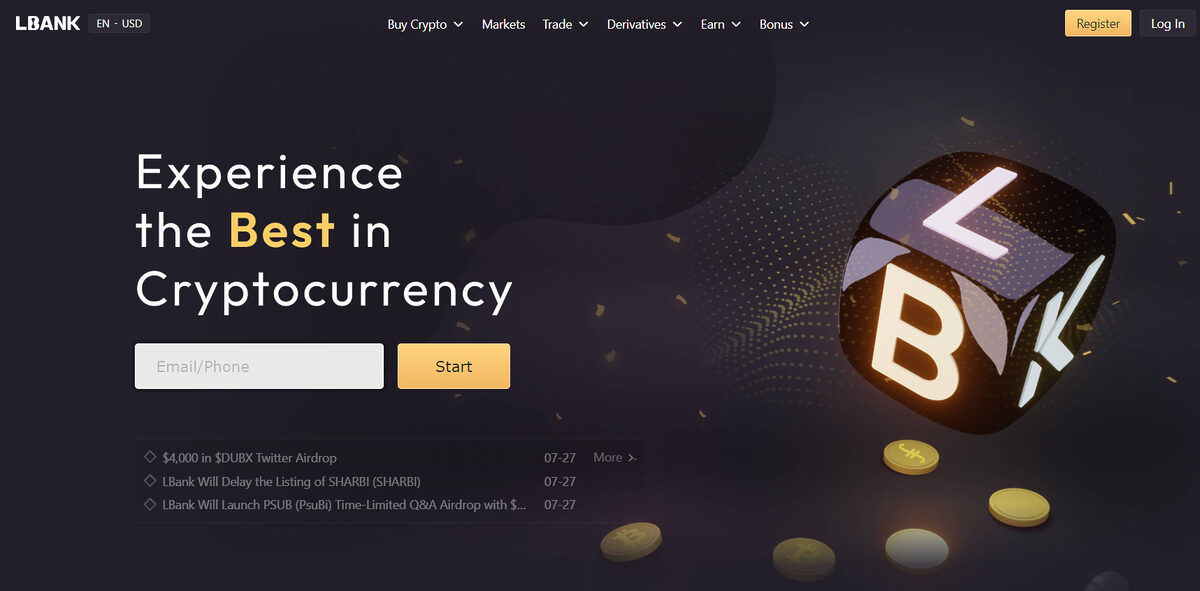 Lbank hompage with an "experience the best in cryptocurrency" written.