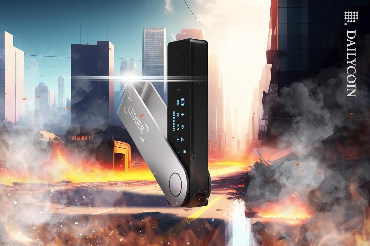 A ledger hard wallet standing strong and unharmed in the middle of a fully destroyed city, surrounded by fire and smoke.