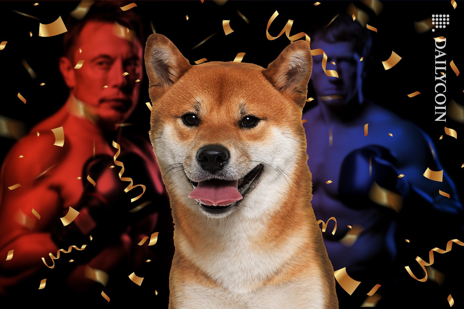 Shiba Inu smiling at the front, whist Mark Zuckenberg and Elon Musk are ready to fight in the background.