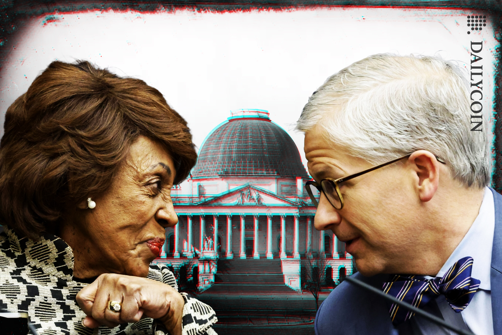 Maxine Waters and Patrick McHenry smiling at eachother, outside of a building process of the Capitol building.