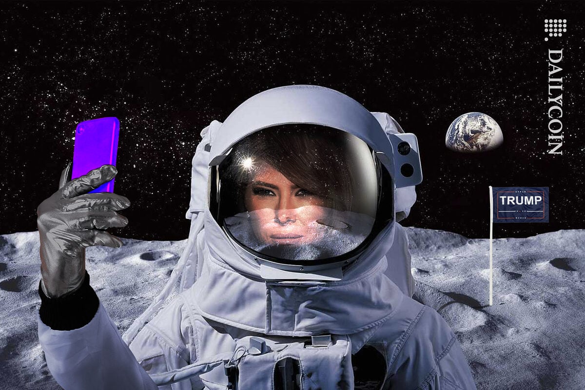 Melania Trump taking a selfie in a space suit on the moon with a Trump flag in the background.