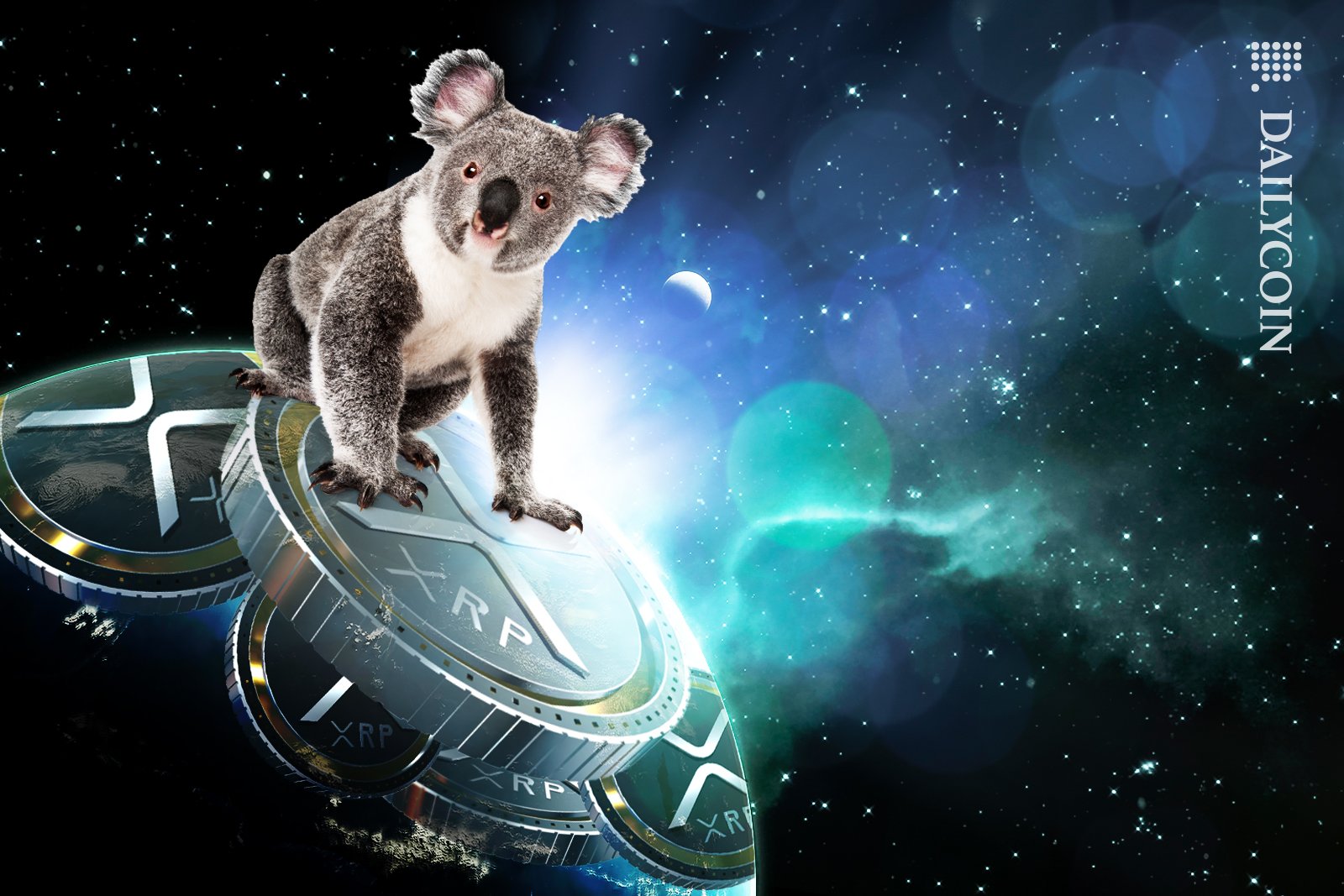 Koala on a transparent globe with XRP tokens inside.