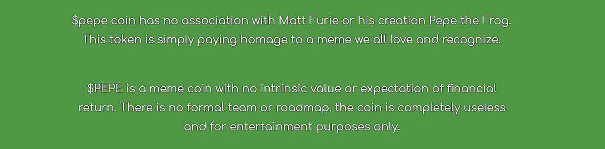 Note on pepe site saying pepe has no intrinsic value.