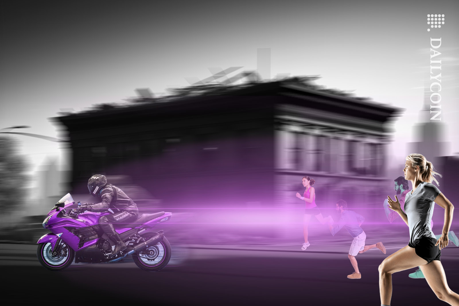 A biker speeds on a street in a ruined, destroyed landscape, leaving runners behind.