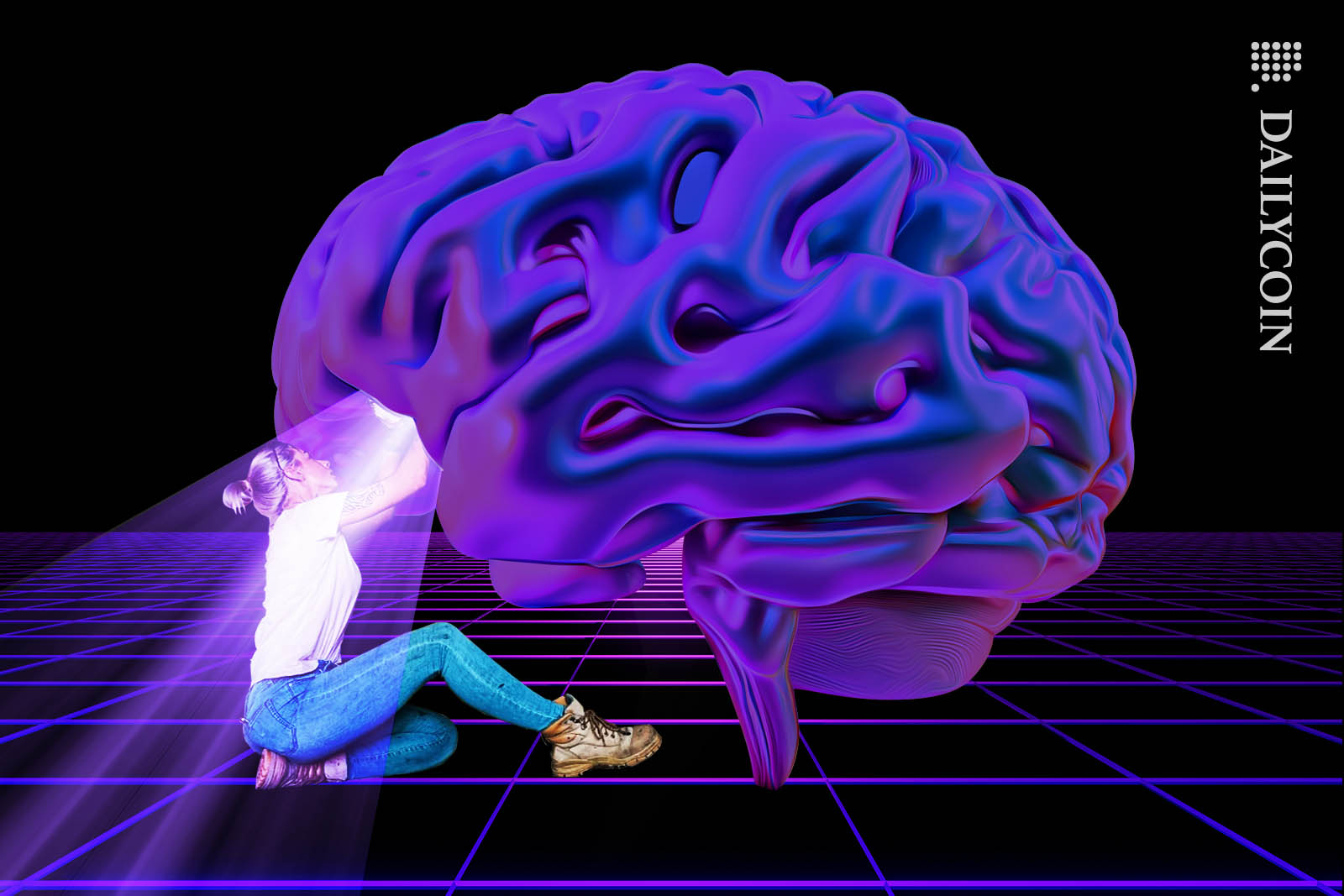 Woman mechanic working on a purple holographic brain on a wirframe grid.