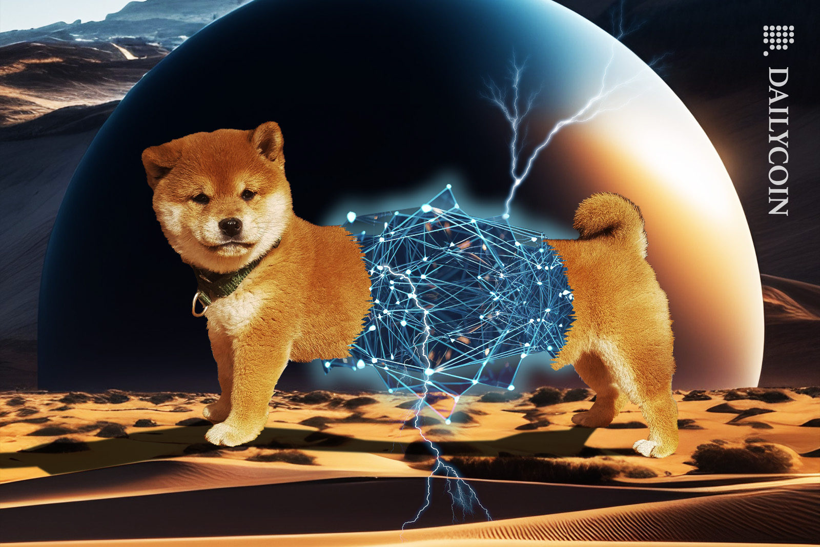Shiba Inu puppy split in the middle, its body elongated by blockchain, standing in a desert infont of an unidentified sphere.