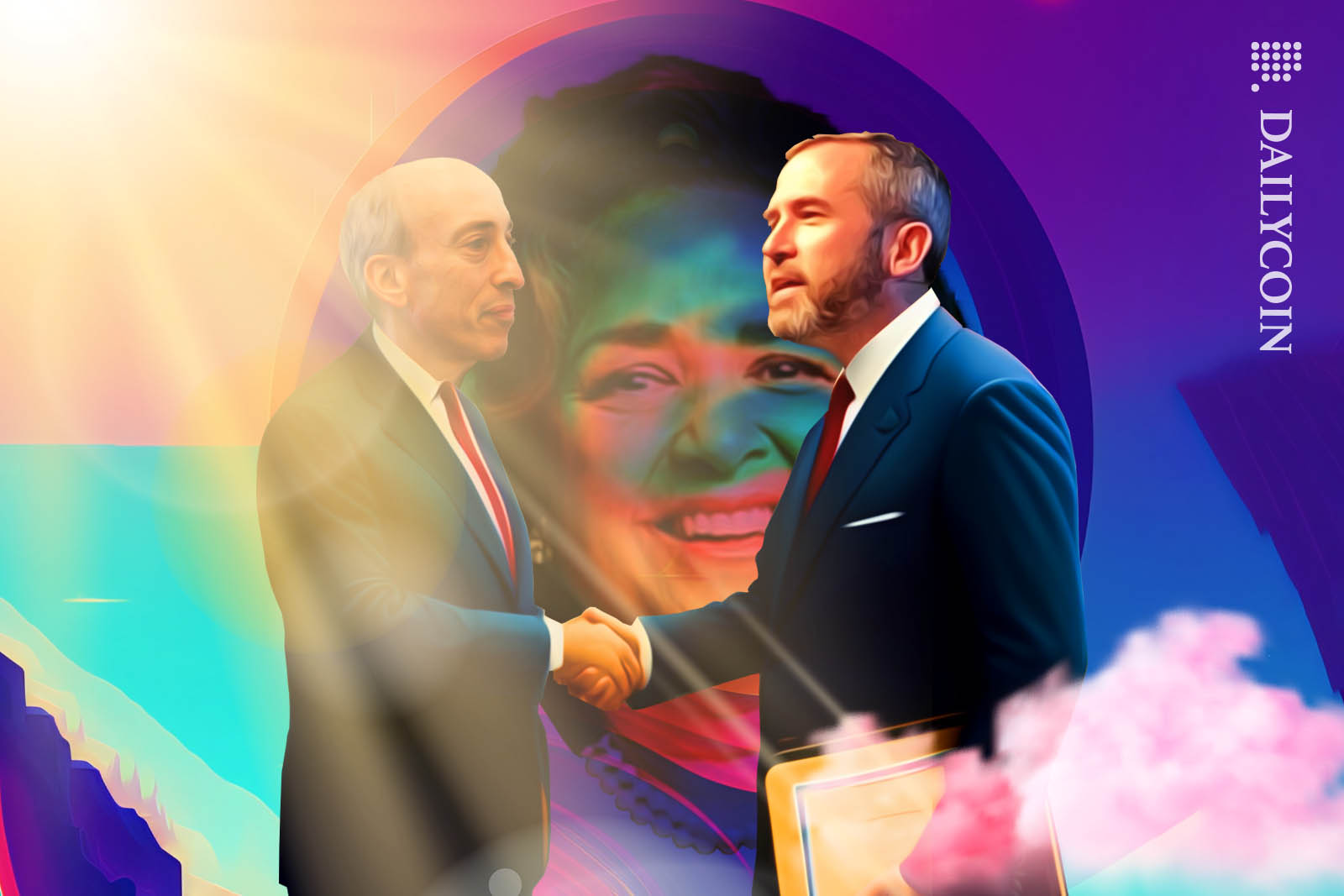 Gary Gensler and Bred Garlinghouse shaking hands infront of Judge Torres in a dream like scenario.