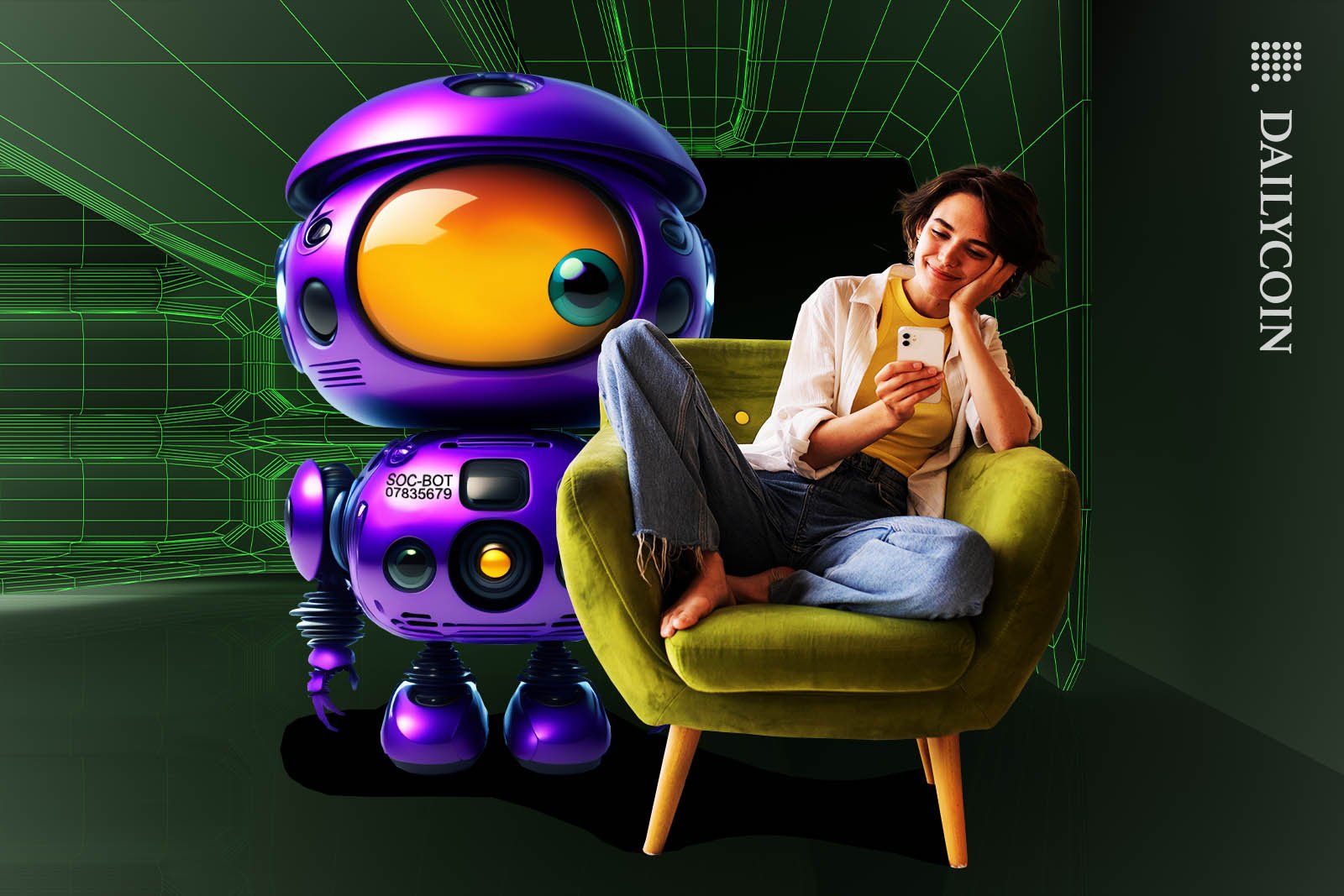 Large robot with giant eyes watching a woman sitting in a chair scrolling her phone.