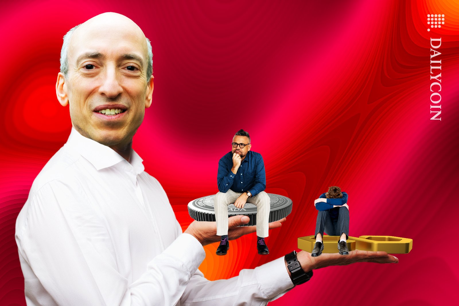 Gary Gensler smiling, holding Cardano and polygon coins with people sitting on top of them disappointed.