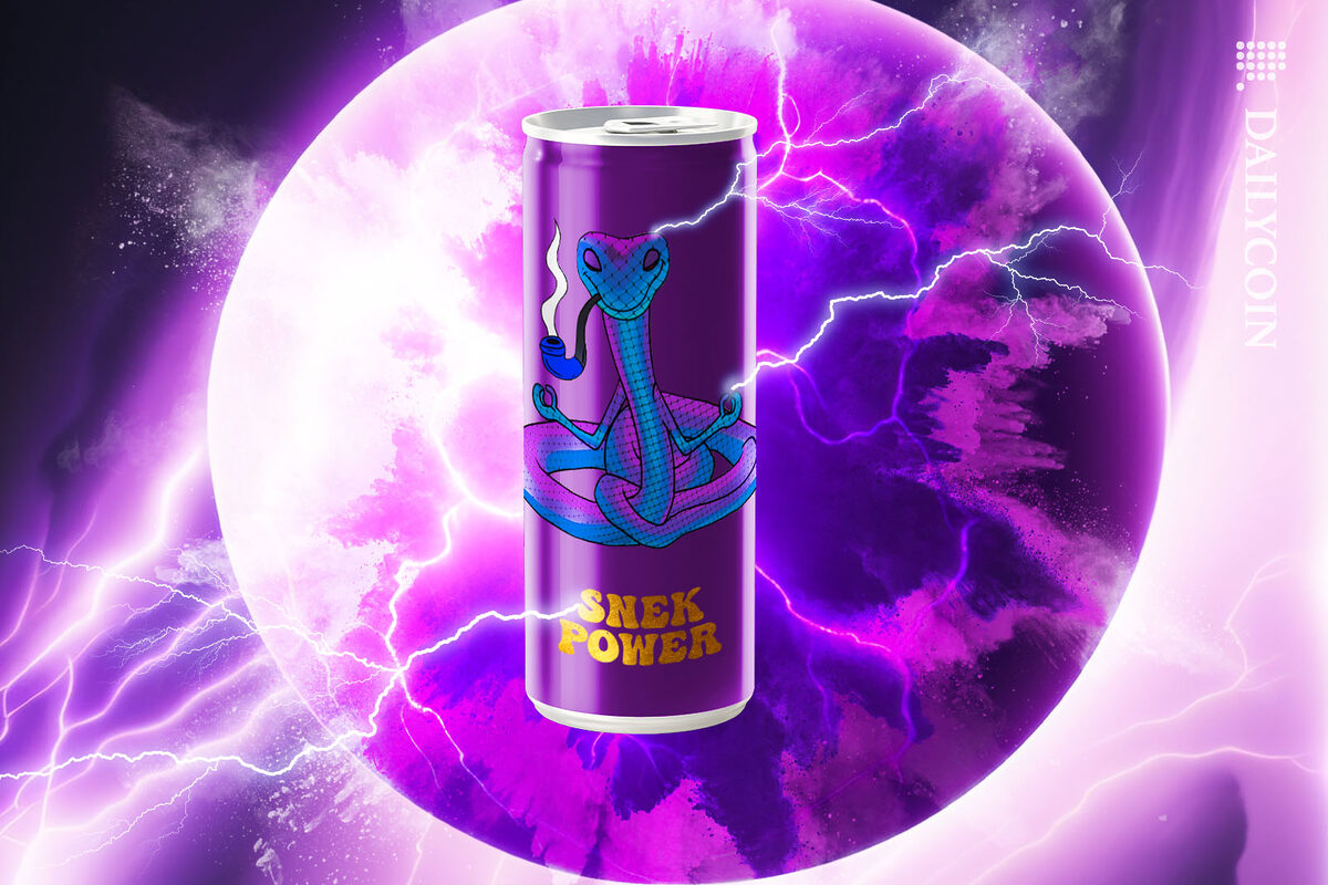 A can of SNEK energy drink in an alien space.